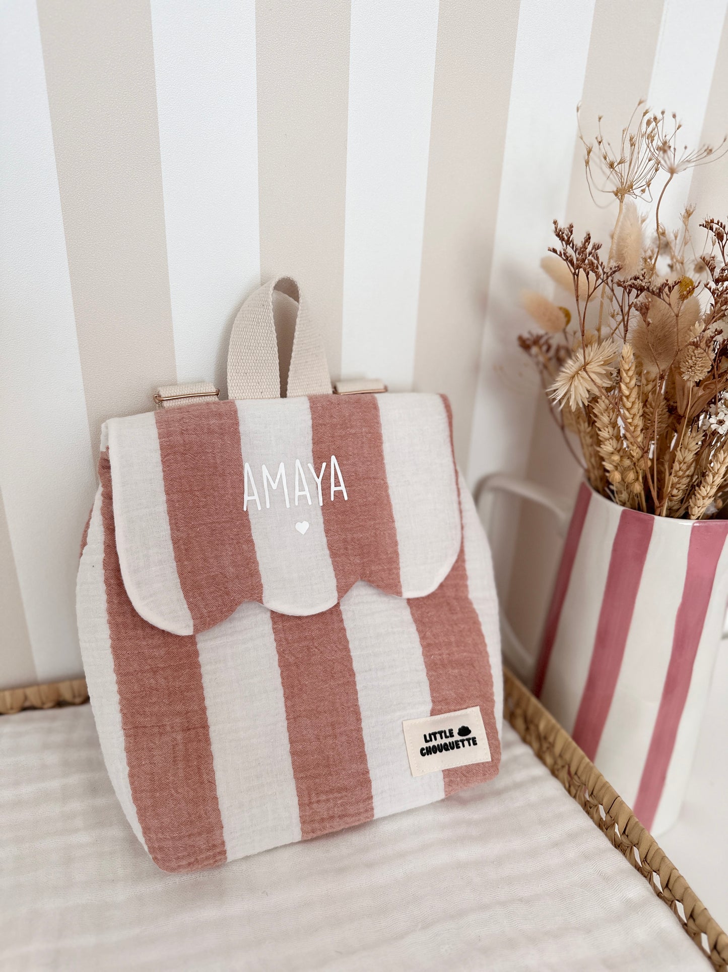 Sac à dos bébé personnalisable - Rayé blanc brique