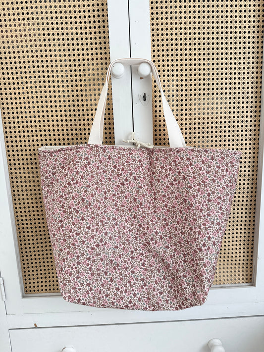 Sac cabas XL - Velours fleurs roses