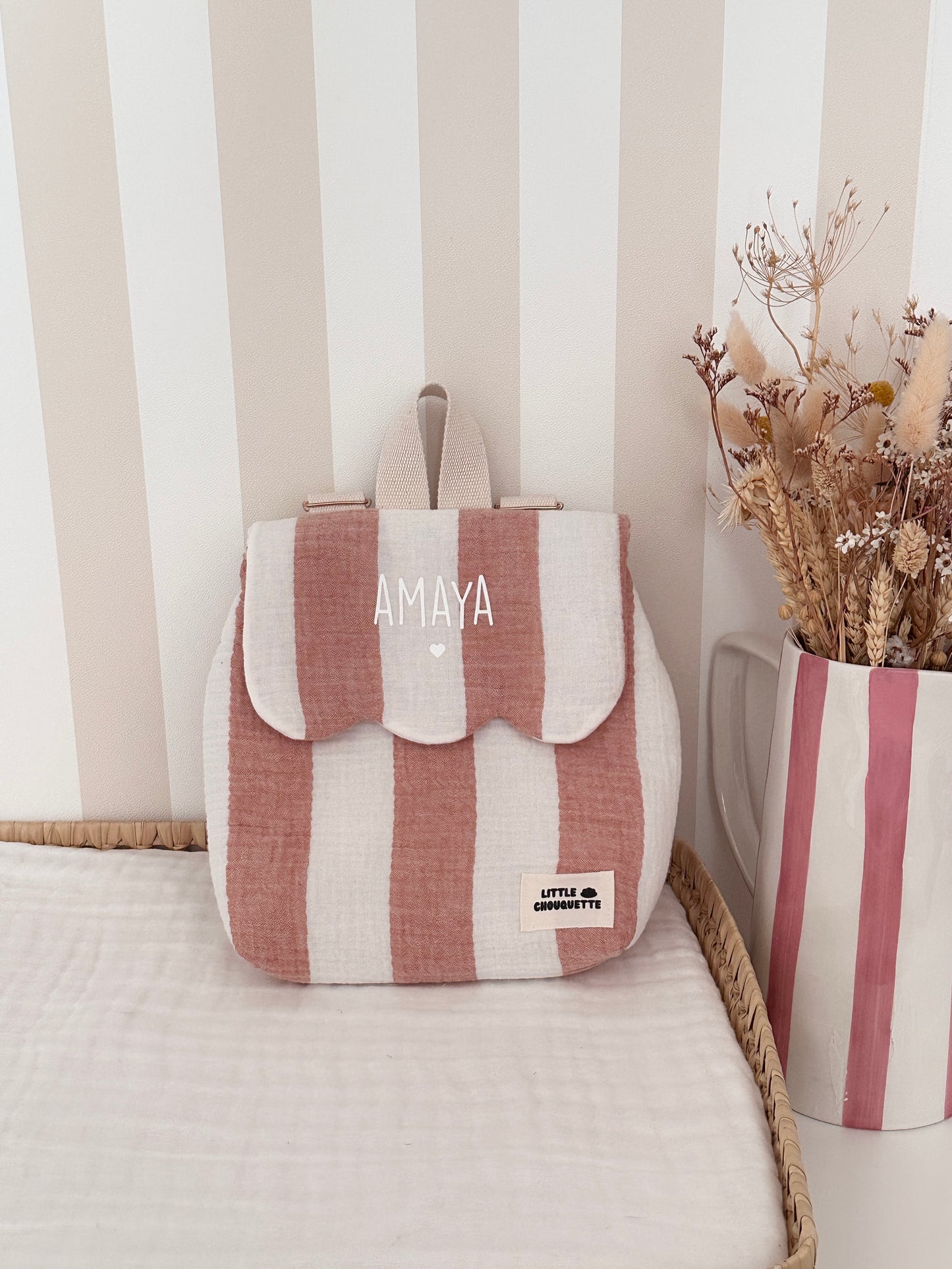 Sac à dos bébé personnalisable - Rayé blanc brique