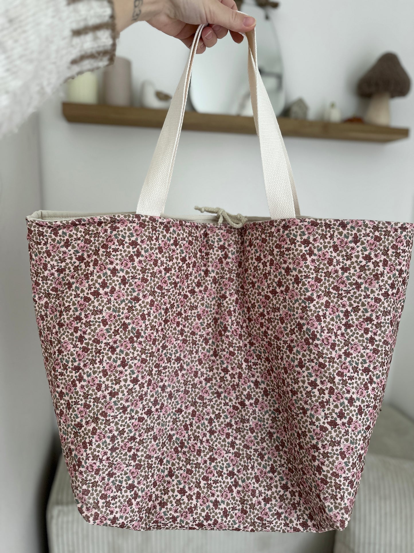 Sac cabas XL - Velours fleurs roses