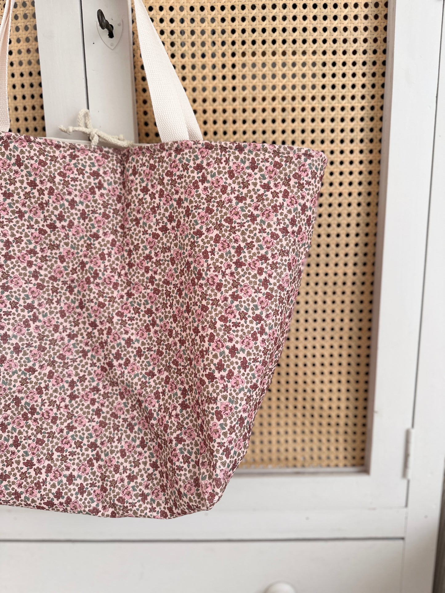 Sac cabas XL - Velours fleurs roses
