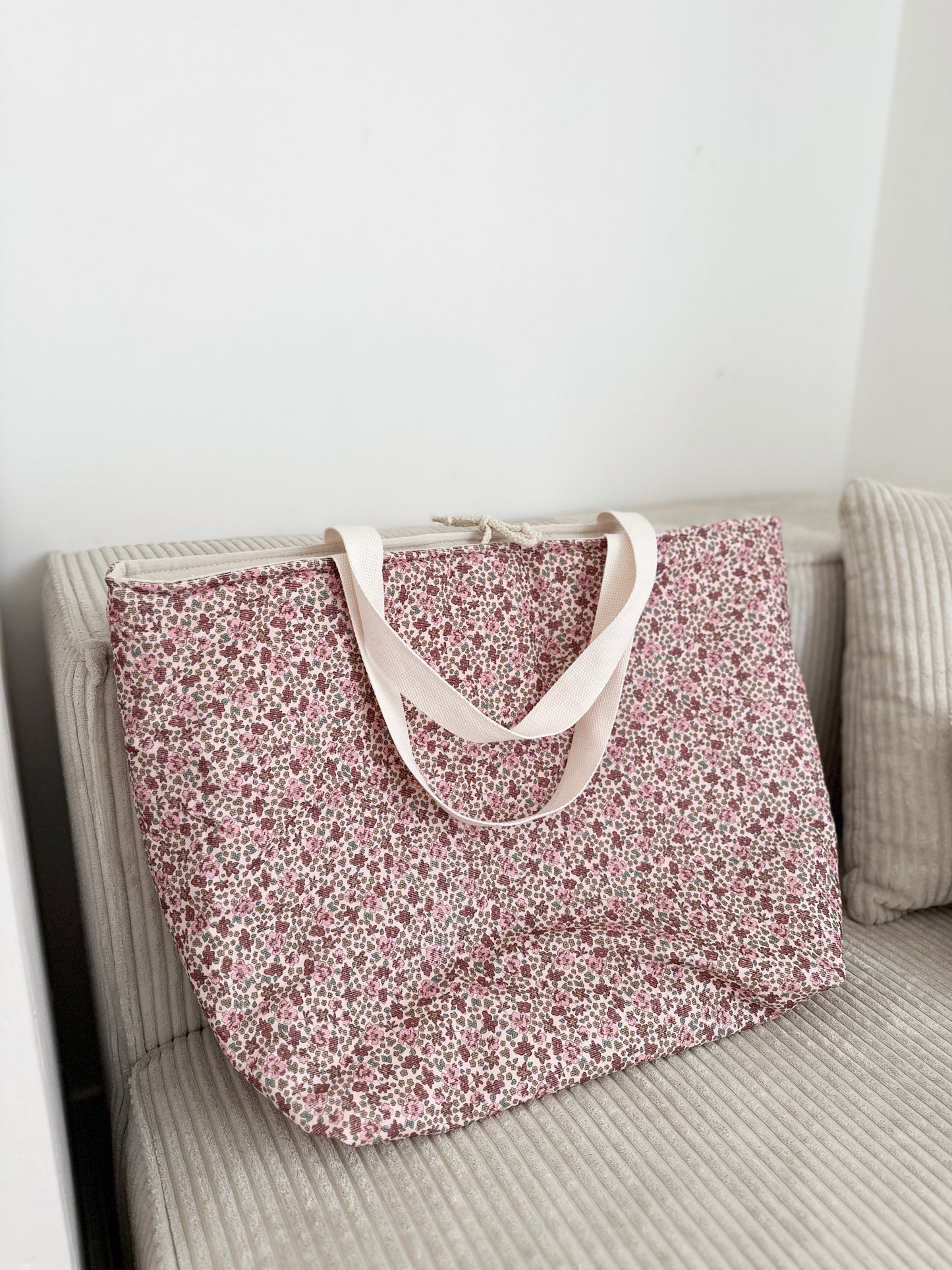 Sac cabas XL - Velours fleurs roses