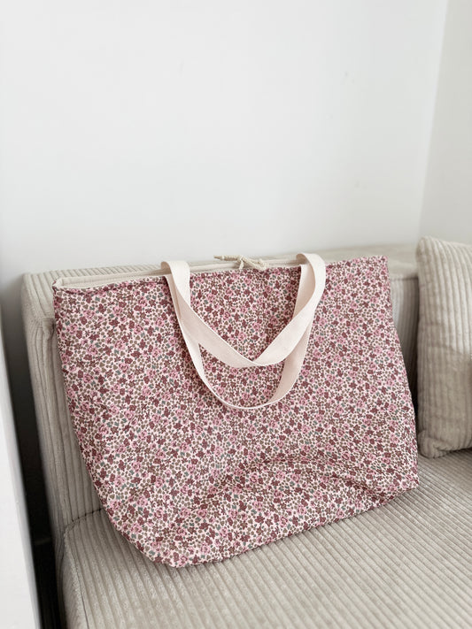 Sac cabas XL - Velours fleurs roses