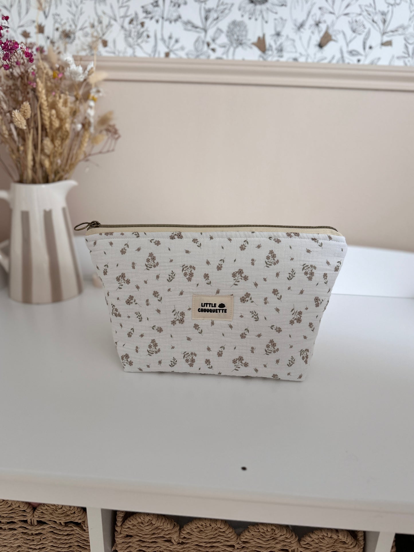 Trousse de toilette - fleurs beige