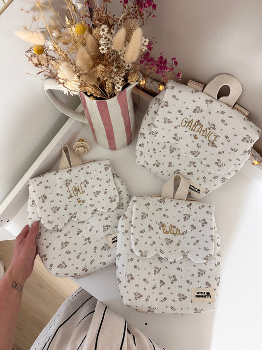 Sac à dos bébé personnalisable - Fleurs taupe