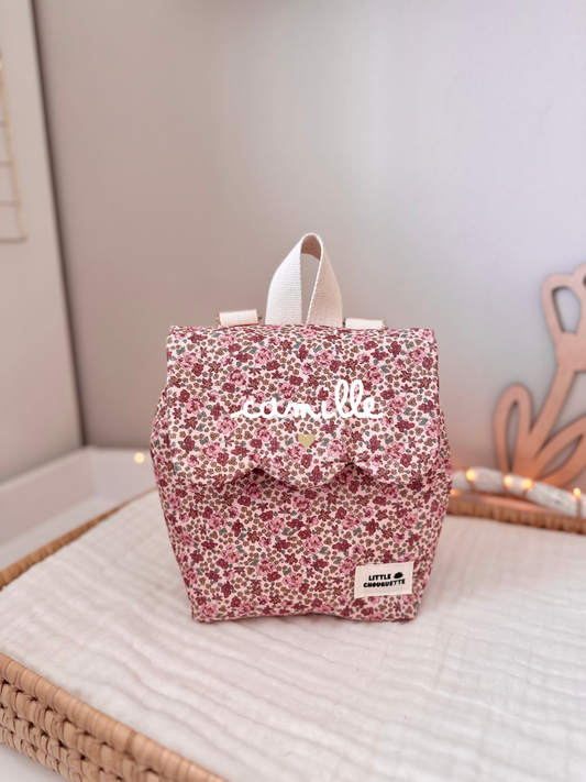 Sac à dos bébé personnalisable - Velours Fleurs roses