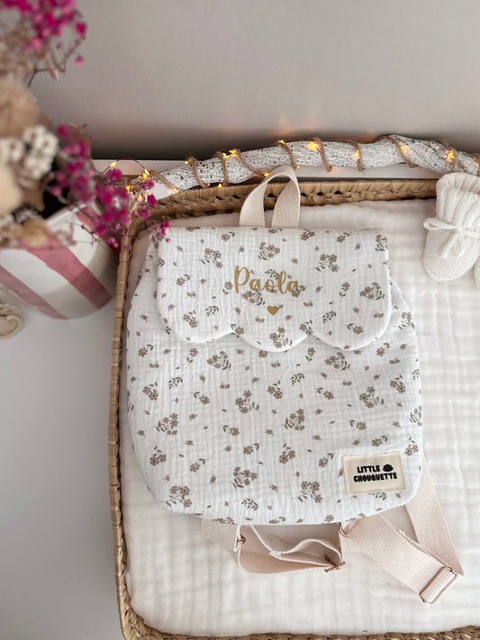 Sac à dos bébé personnalisable - Fleurs taupe