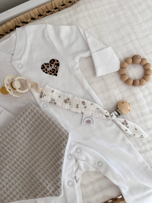 Attache tétine personnalisé - fleurs taupes